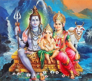 Shiva Parvati and Ganesha Family Portrait with Nandi in Himalayan Landscape HD wallpaper