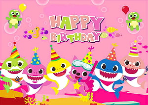 Baby Shark Family Wearing Party Hats for a Happy Birthday Celebration HD wallpaper