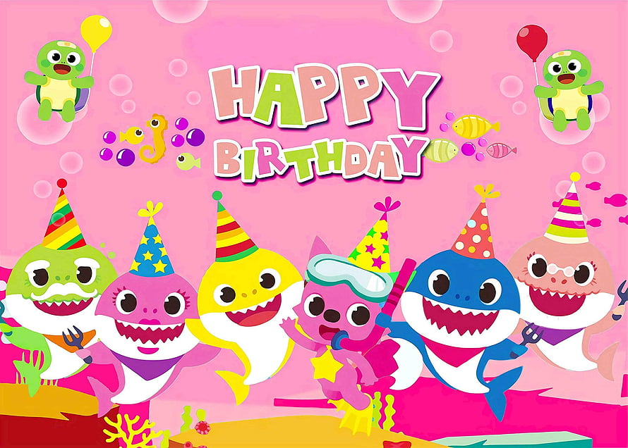 Baby Shark Family Wearing Party Hats for a Happy Birthday Celebration HD wallpaper