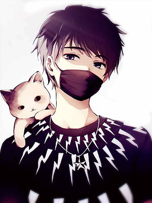 Anime Boy Wearing Face Mask With Kitten On Shoulder HD phone wallpaper