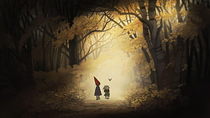 Over the Garden Wall Animated Forest Scene with Two Characters Walking Through Golden Autumn Trees HD wallpaper