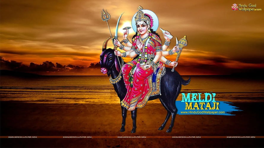 Meldi Mataji Riding Black Buffalo at Sunset with Trident and Sword HD wallpaper