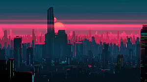 Retro Futurism Cyberpunk Cityscape with Neon Sunset and Glitch Art Skyline HD wallpaper
