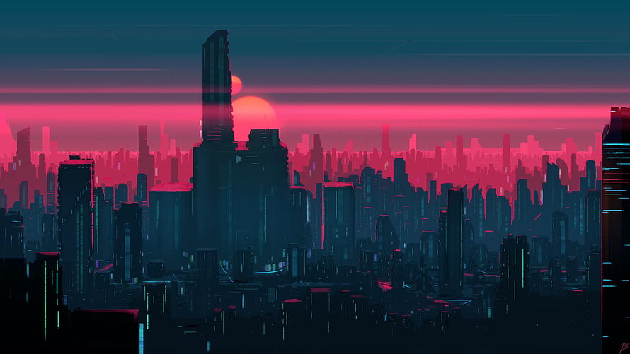 Retro Futurism Cyberpunk Cityscape with Neon Sunset and Glitch Art Skyline HD wallpaper
