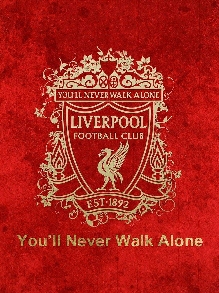 Liverpool FC Ornate Crest with Liver Bird and You'll Never Walk Alone Motto on Red Background HD phone wallpaper