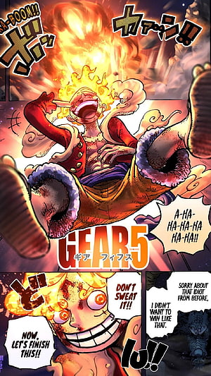 Luffy Gear 5 Manga Panel with Fiery Transformation and Dynamic Action HD phone wallpaper
