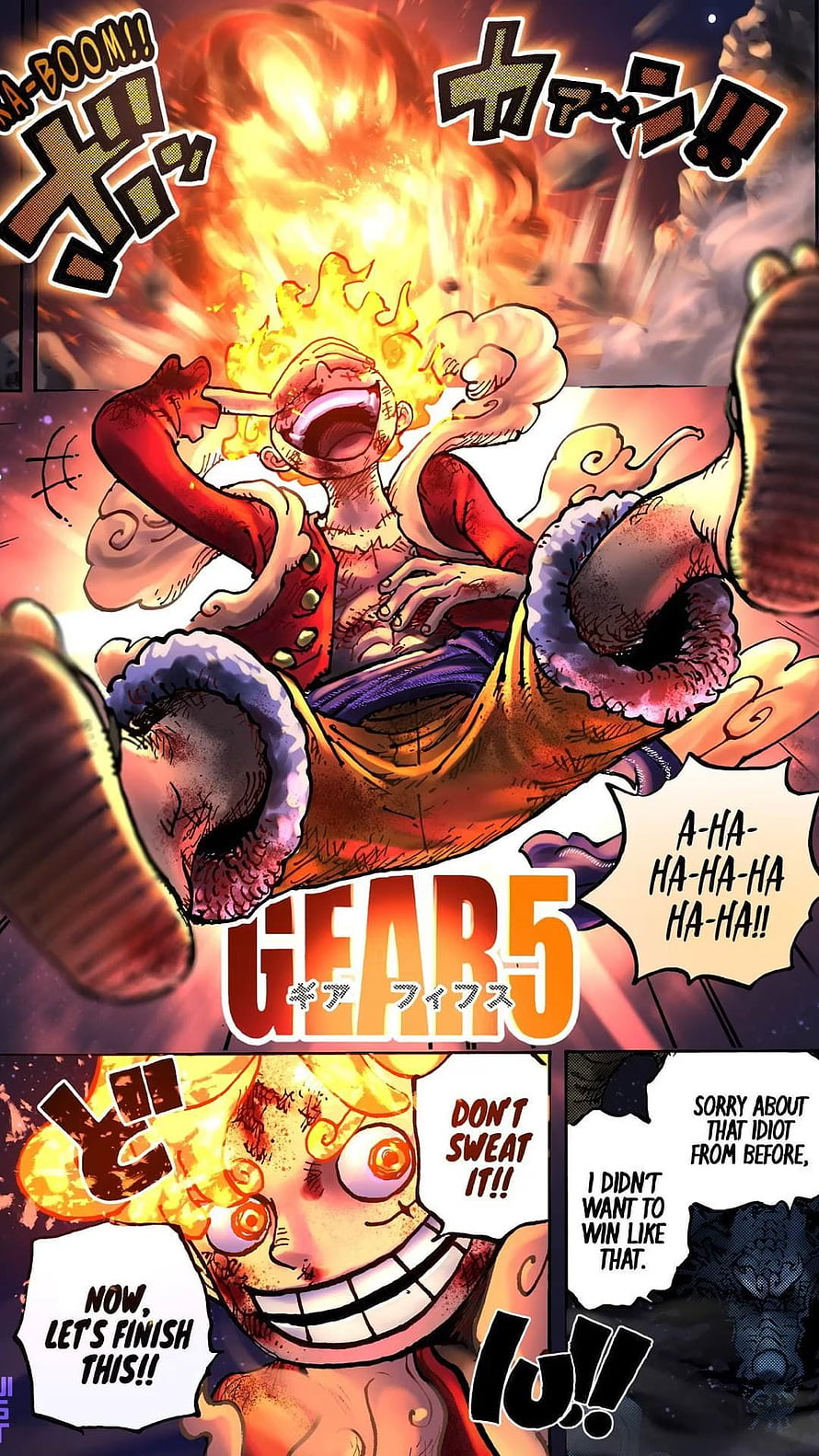 Luffy Gear 5 Manga Panel with Fiery Transformation and Dynamic Action HD phone wallpaper