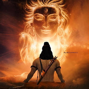 Sri Rama Meditating Before a Glowing Divine Face in Ethereal Orange Light HD phone wallpaper
