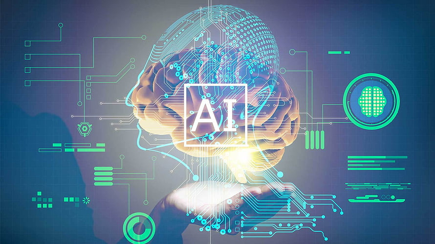 Glowing Human Brain with Circuit Board Overlay and AI Text in Futuristic Digital Style HD wallpaper