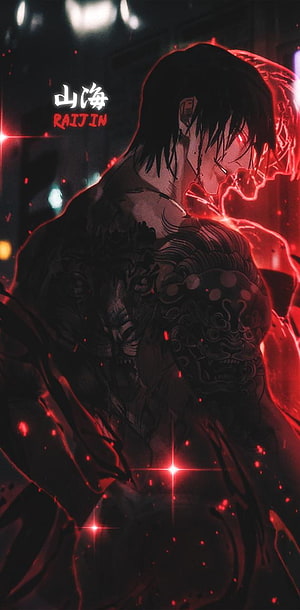 Fushiguro Toji from Jujutsu Kaisen with glowing red aura and intricate chest tattoos in dark anime style HD phone wallpaper
