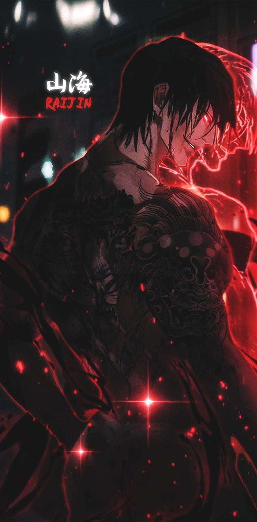 Fushiguro Toji from Jujutsu Kaisen with glowing red aura and intricate chest tattoos in dark anime style HD phone wallpaper