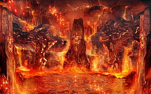 Fiery Infernal Cavern with Glowing Runes and Molten Lava Flow HD wallpaper