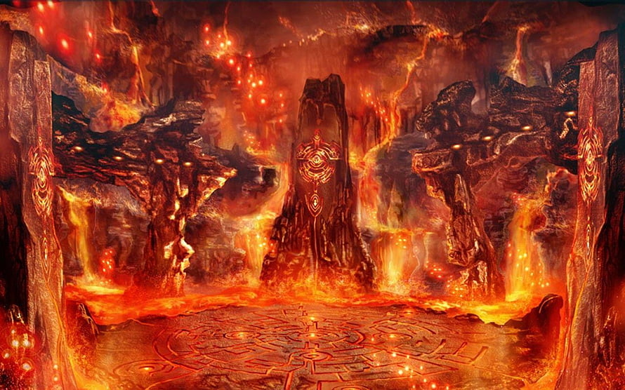 Fiery Infernal Cavern with Glowing Runes and Molten Lava Flow HD wallpaper