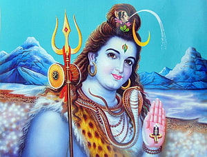 Lord Shiva Devotional Portrait with Trishul, Damaru, and Crescent Moon HD wallpaper