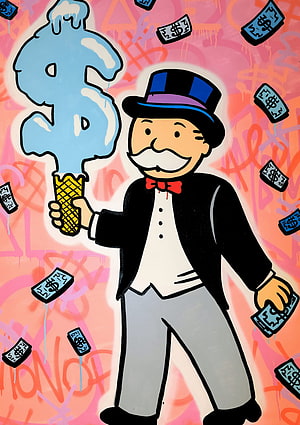 Alec Monopoly Street Art of a Top-Hatted Man Holding a Dollar Sign Ice Cream Cone HD phone wallpaper