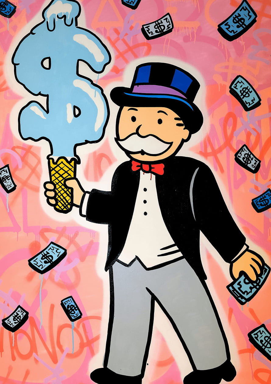 Alec Monopoly Street Art of a Top-Hatted Man Holding a Dollar Sign Ice Cream Cone HD phone wallpaper