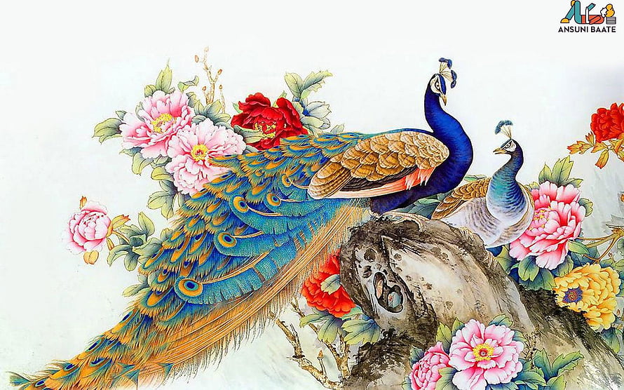 Traditional Chinese Peacock and Peony Flower Painting on Rock HD wallpaper
