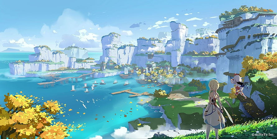 Liyue coastal cliffs and harbor in Genshin Impact with two characters overlooking the bay HD wallpaper