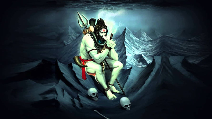 Bhole Baba Meditating on Snowy Mountain Peak with Trishul and Skulls HD wallpaper