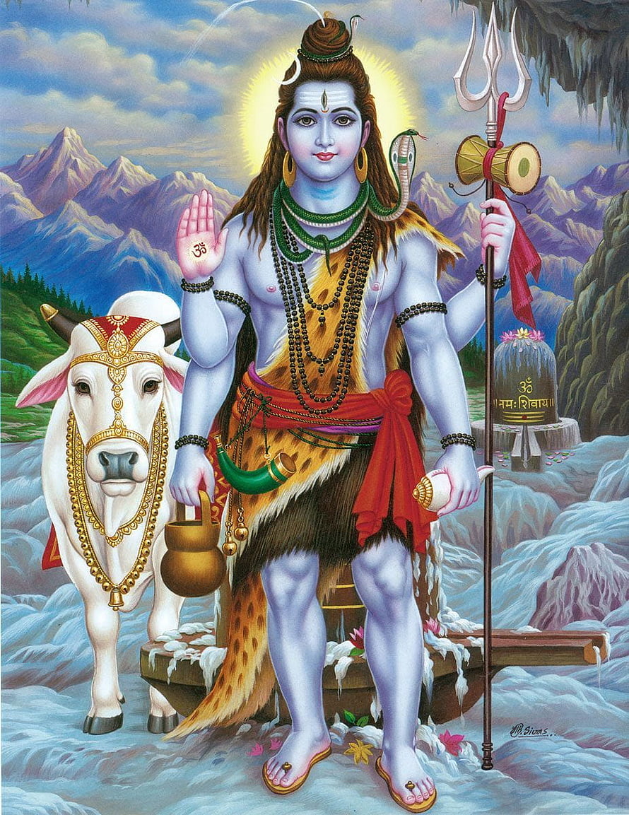 Lord Shiva with Nandi Bull in Himalayan Landscape Traditional Indian Painting HD phone wallpaper