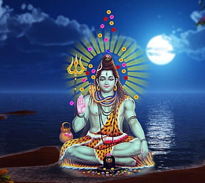 Lord Shiva Meditating on a Moonlit Shore with Trishula and Rudraksha Beads HD wallpaper