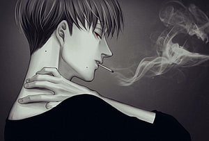 Anime Boy Smoking Cigarette in Monochrome Profile with Red Eyes HD wallpaper