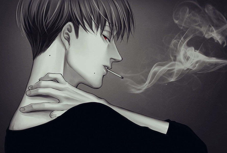 Anime Boy Smoking Cigarette in Monochrome Profile with Red Eyes HD wallpaper