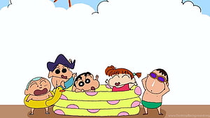 Crayon Shin-chan characters enjoying a sunny day in an inflatable pool HD wallpaper