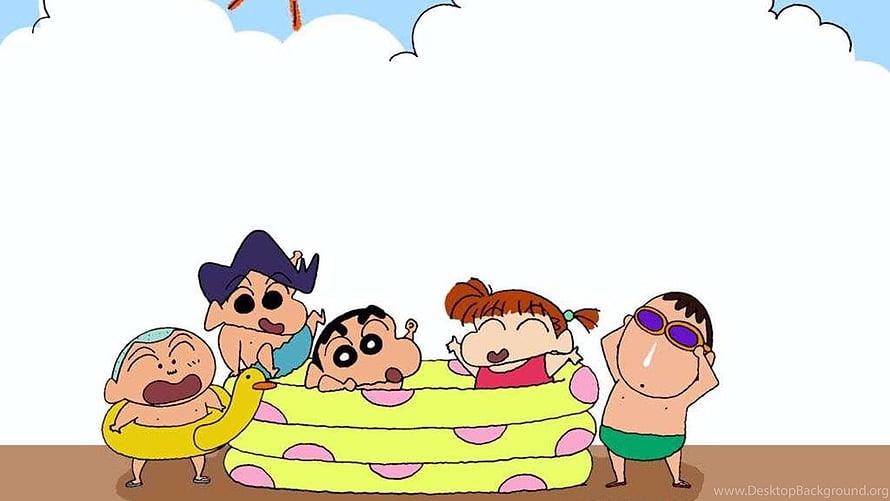 Crayon Shin-chan characters enjoying a sunny day in an inflatable pool HD wallpaper