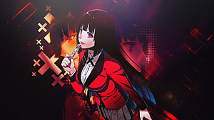 Red Blazer Anime Girl with Pink Eyes and USB Drive in Dark Neon Setting HD wallpaper
