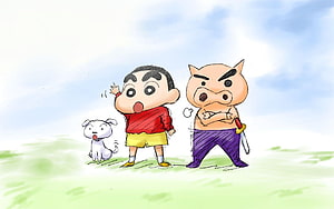 Crayon Shin-chan, Shiro, and a Pig Warrior Standing in a Sunny Green Field HD wallpaper