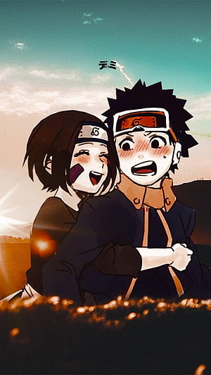 Obito and Rin Sharing a Warm Embrace in a Nostalgic Naruto Anime Illustration HD phone wallpaper