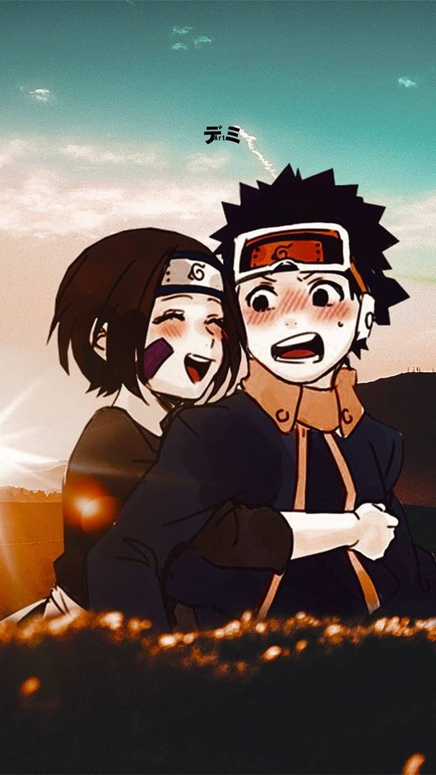 Obito and Rin Sharing a Warm Embrace in a Nostalgic Naruto Anime Illustration HD phone wallpaper