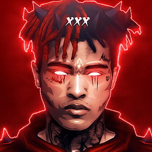 XXXTentacion Digital Portrait with Glowing Red Eyes and Neon Outline HD phone wallpaper