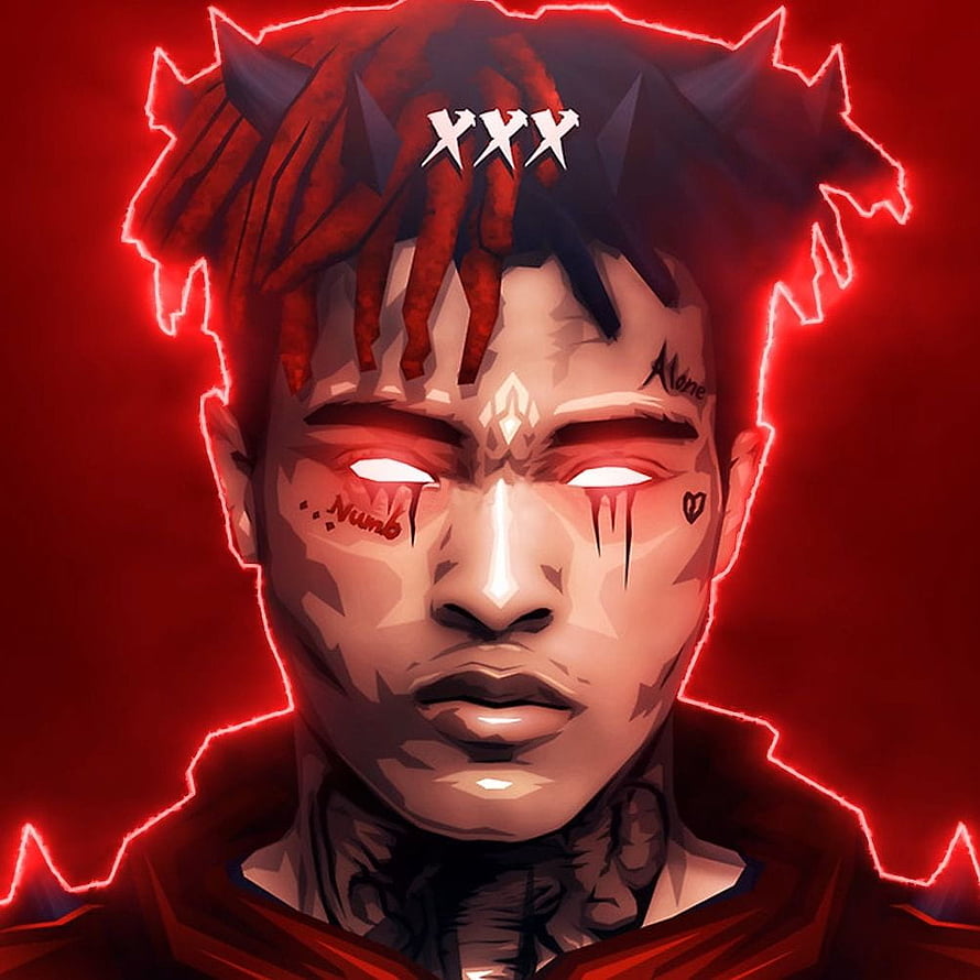 XXXTentacion Digital Portrait with Glowing Red Eyes and Neon Outline HD phone wallpaper