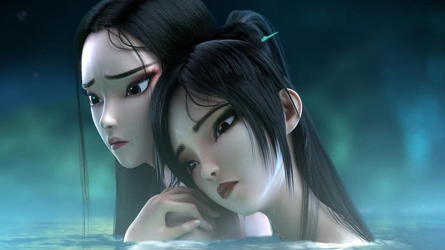 White Snake 2019 Animated Film Scene of Two Women in Water HD wallpaper