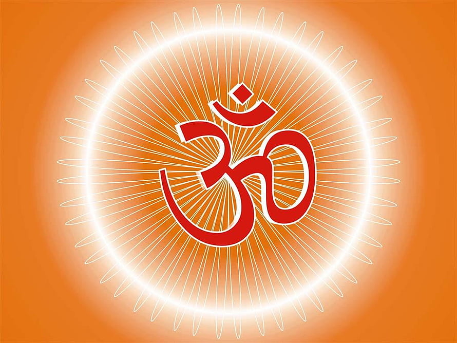 Glowing Om Symbol with Radiant Sunburst Rays on Warm Orange Background HD wallpaper