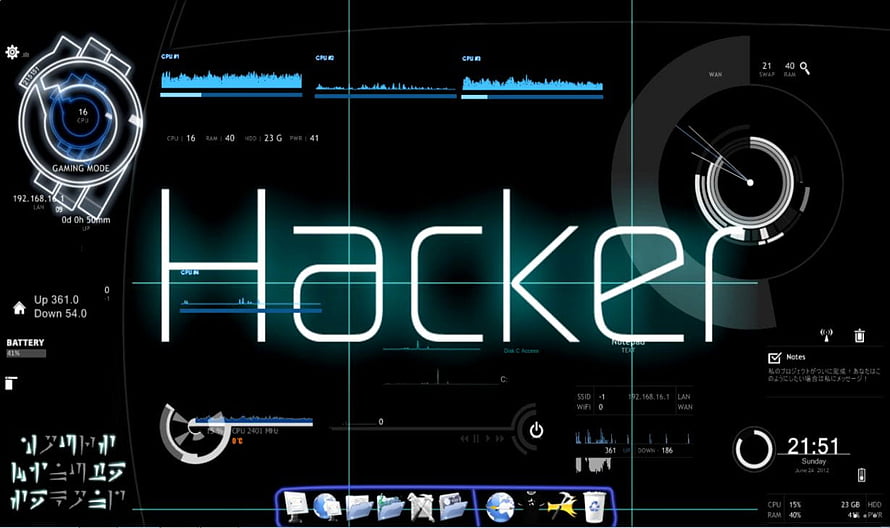 Futuristic Hacker Dashboard Interface with Glowing Blue System Metrics and Gaming Mode Display HD wallpaper