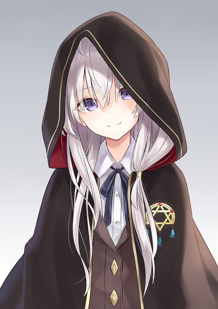 Elaina in a dark hooded cloak with silver hair and a golden star emblem HD phone wallpaper
