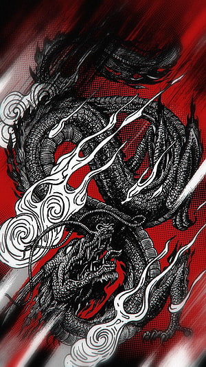Intricate Black Japanese Dragon Illustration With White Flames On Red Background HD phone wallpaper