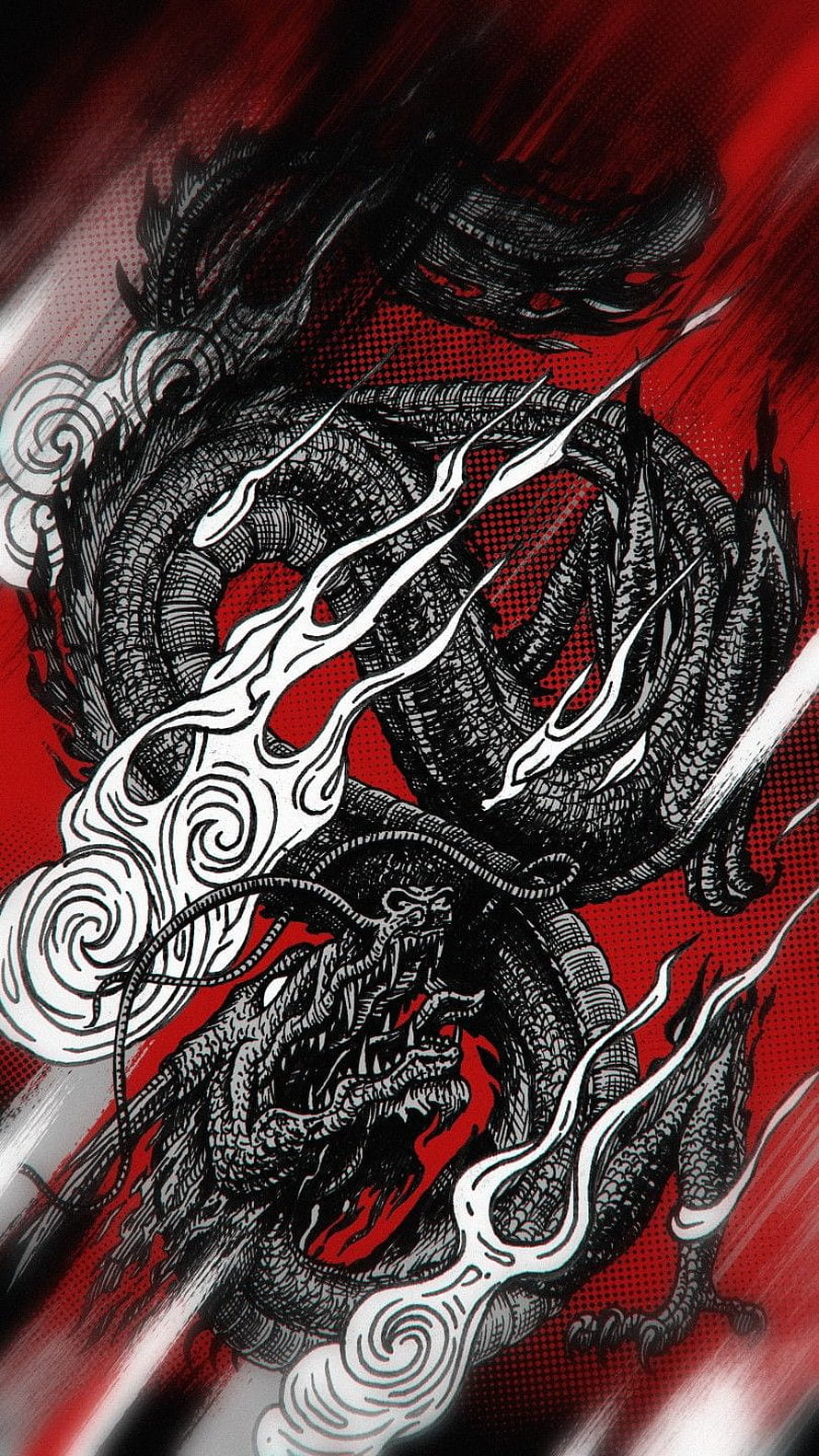 Intricate Black Japanese Dragon Illustration With White Flames On Red Background HD phone wallpaper