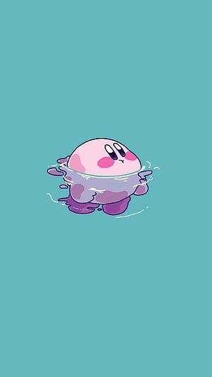 Kirby Floating in Water with a Sad Expression on a Teal Background HD phone wallpaper
