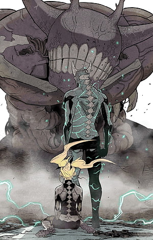 Kaiju No. 8: Giant Monster Confronts Armored Warrior in Dramatic Manga Scene HD phone wallpaper