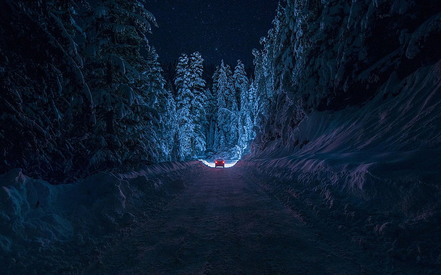 Lone Car Driving Through Snowy Night Forest with Glowing Headlights HD wallpaper