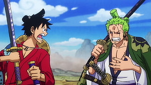 One Piece Anime Scene Featuring Luffy and Zoro in a Tense Confrontation HD wallpaper