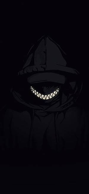 Hooded Figure with Glowing Grin in Dark Minimalist Illustration HD phone wallpaper