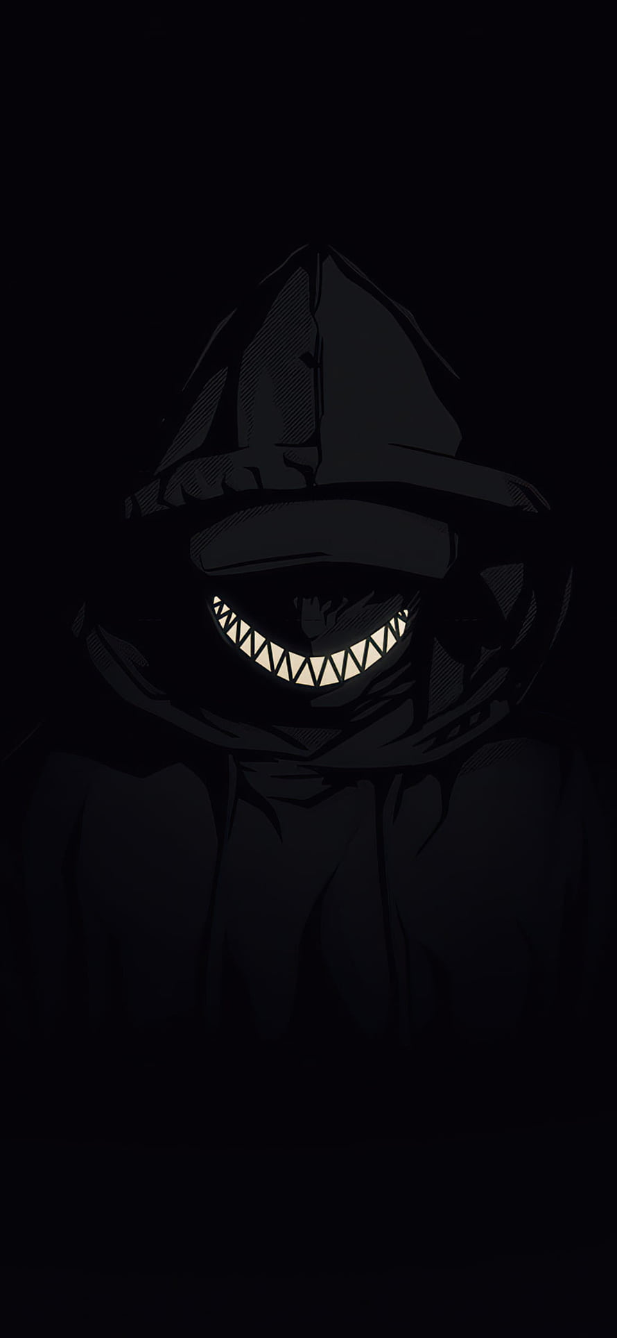 Hooded Figure with Glowing Grin in Dark Minimalist Illustration HD phone wallpaper