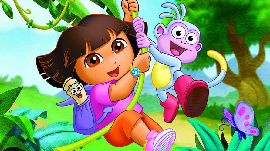 Dora the Explorer and Boots swinging through a lush jungle with Backpack and a butterfly HD wallpaper