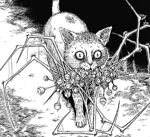 Junji Ito Horror Illustration: Cat with Parasitic Growth in Black and White Ink HD wallpaper