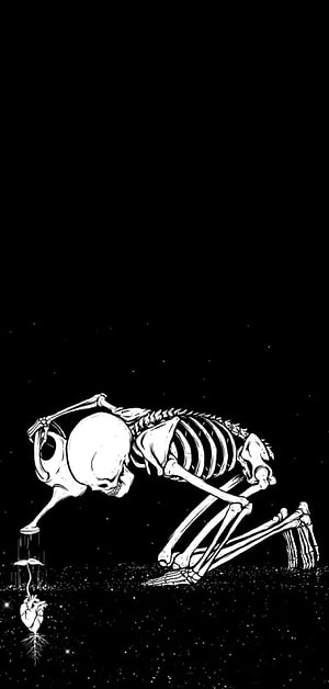 Kneeling Skeleton Releasing a Heart in a Starry Void, Black and White Gothic Illustration HD phone wallpaper